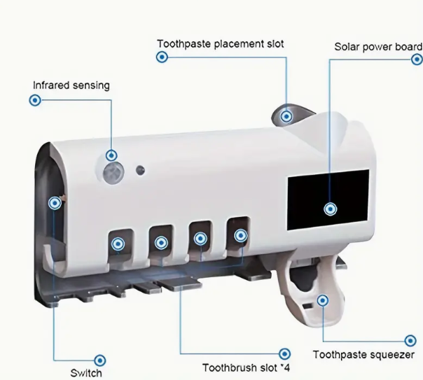 1pc Toothbrush UV Disinfection Device, Wall-mounted 4-slot Toothbrush Intelligent Disinfection And Toothpaste Dispenser