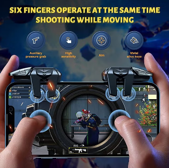 Mobile Game Controller Trigger, 6 Finger Game Trigger, Sensitive Shoot Target&Metal Buttons for PUBG/Fortnite/Call of Duty/Rules of Survival and many other games(include 2pcs Finger Sleeves)