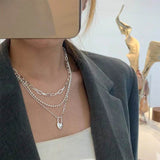 Women's Double-Layer Chain Heart-Shape Lock Necklace S925 Sterling Silver - Souq Al Arab